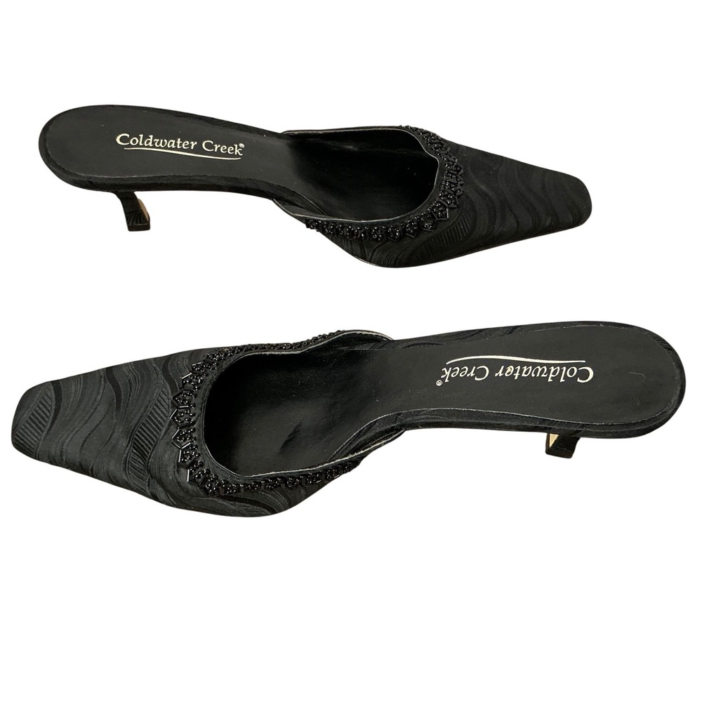 Coldwater Creek Black Beaded Kitten Heel Mules Womens 8.5 Classic Glam Y2K